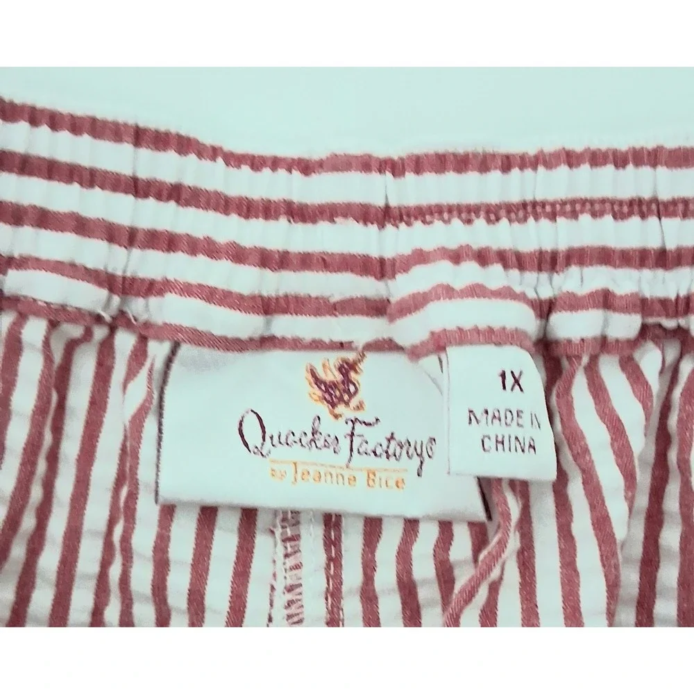 Quacker Factory Capri Pants Womens 1X Red & White Stripe Seersucker Pockets